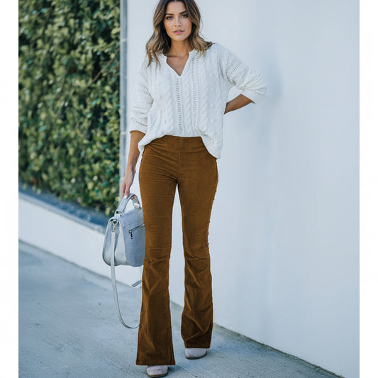Elegante corduroy high-waist flared pantalon voor dames – slim fit, herfst & winter
