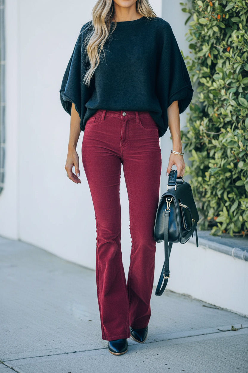 Elegante corduroy high-waist flared pantalon voor dames – slim fit, herfst & winter