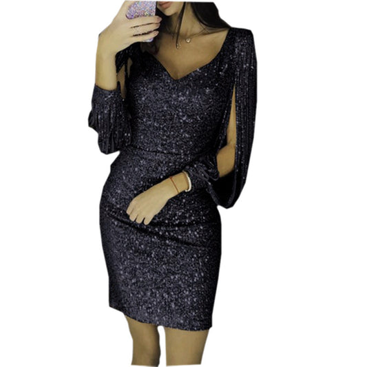 V-neck sequined fringed long sleeve dress