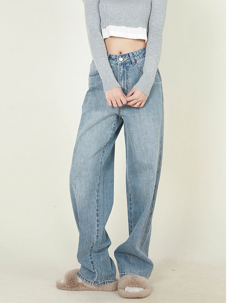 Hoge taille losse retro geborstelde witte neutrale dames spijkerbroek
