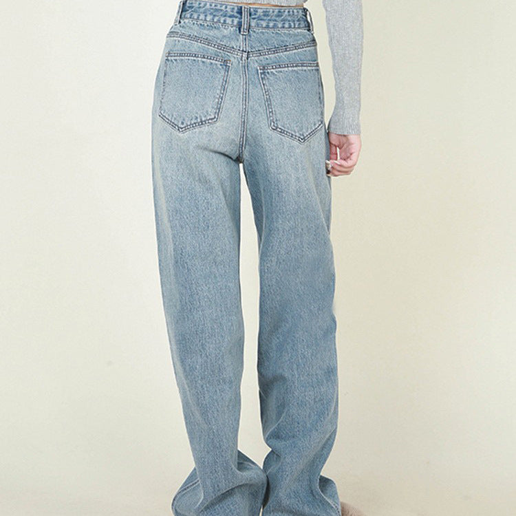 Hoge taille losse retro geborstelde witte neutrale dames spijkerbroek