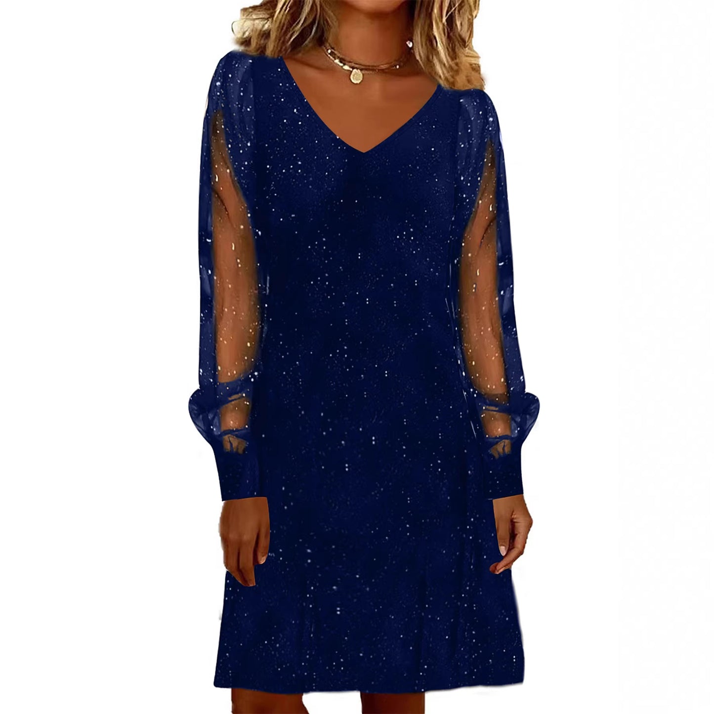 V-hals jurk met pailletten en franjes, lange mouwen