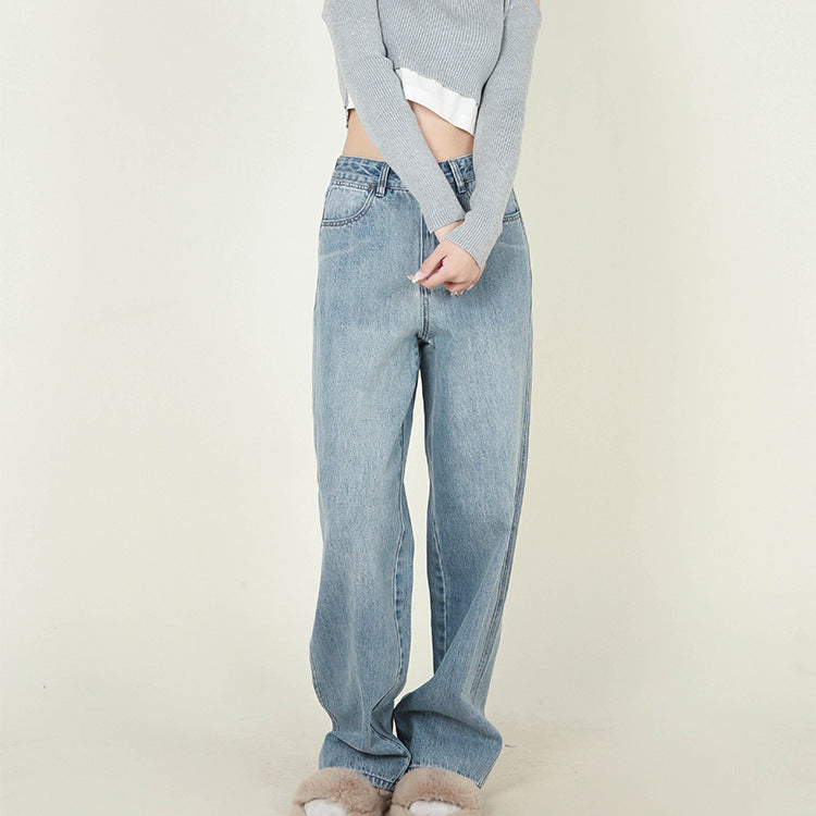 Hoge taille losse retro geborstelde witte neutrale dames spijkerbroek