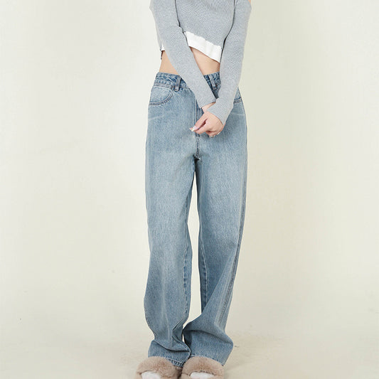 Hoge taille losse retro geborstelde witte neutrale dames spijkerbroek