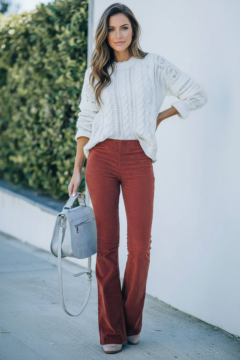Elegante corduroy high-waist flared pantalon voor dames – slim fit, herfst & winter