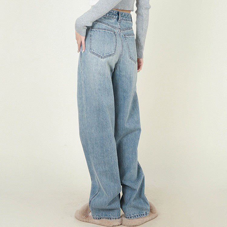 Hoge taille losse retro geborstelde witte neutrale dames spijkerbroek